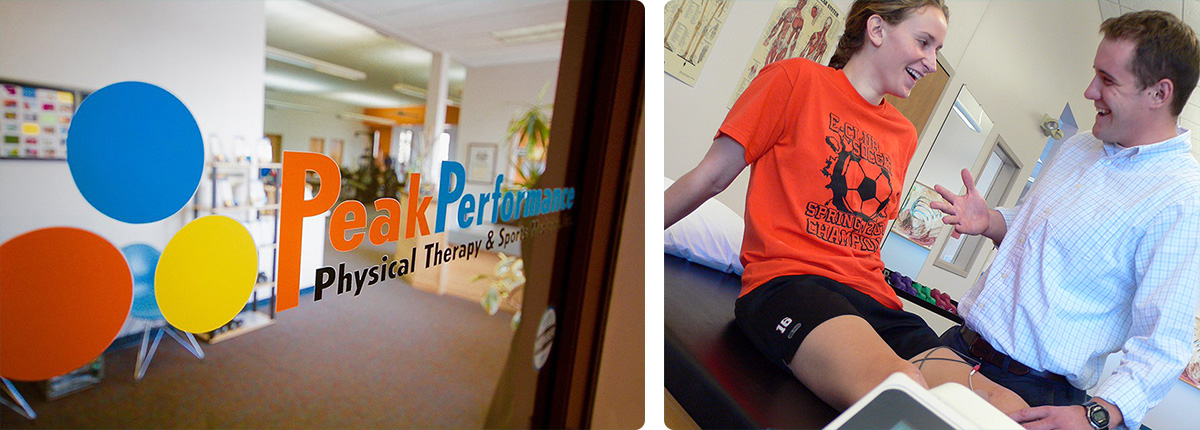 collage of photos - Peak Performance logo on glass window and Physical therapist working with teen athlete